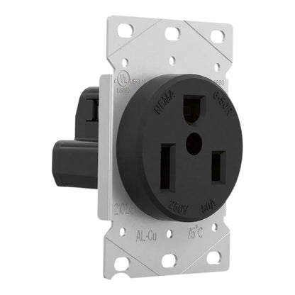 UL-listed NEMA 6-50V 250V 40A 75°C 3-prong outdoor outlet with a black faceplate and a silver aluminum mounting plate.