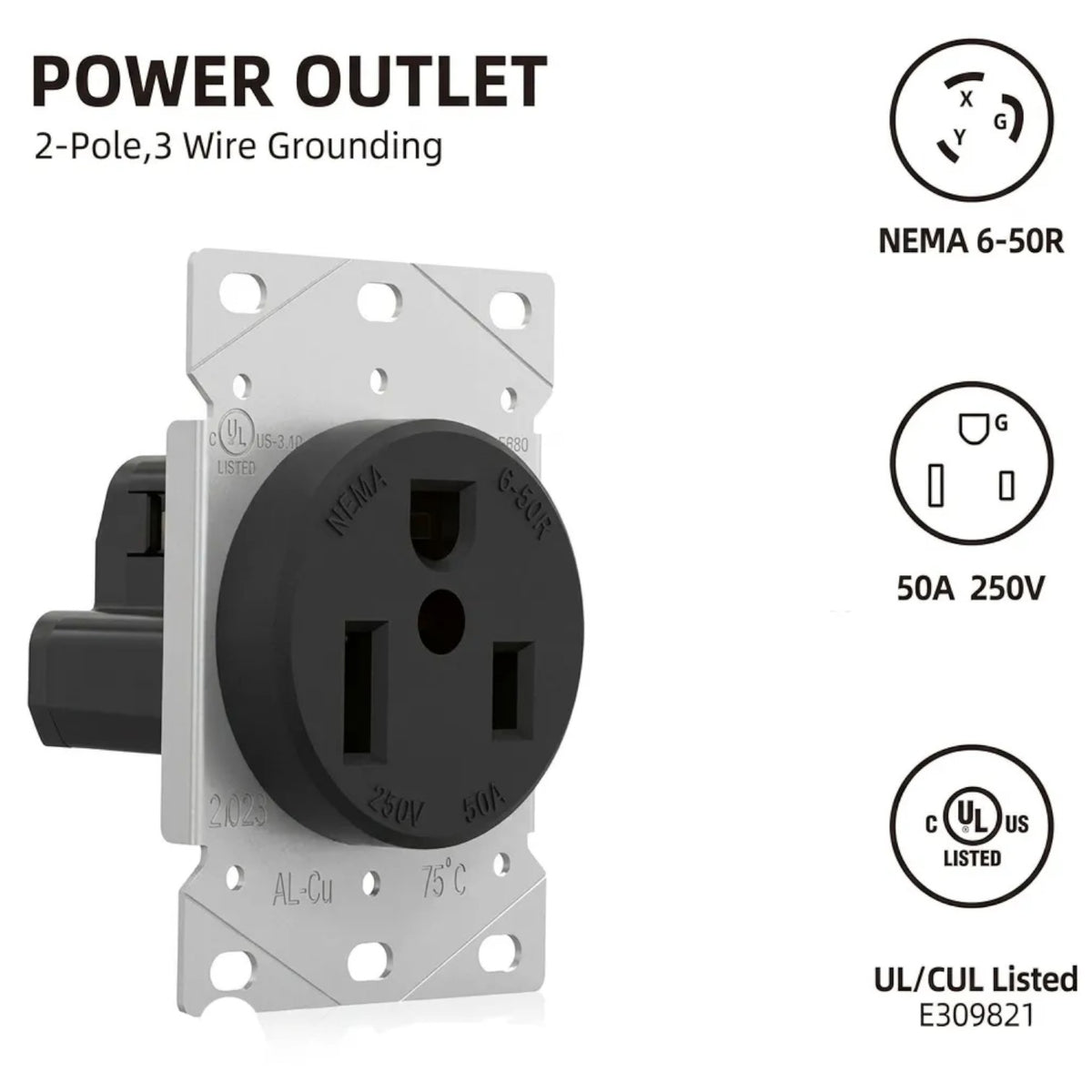 A 2-pole 3-wire grounding power outlet with a black round faceplate and silver metal mounting plate, shown on a white background with feature callouts and certification logos.