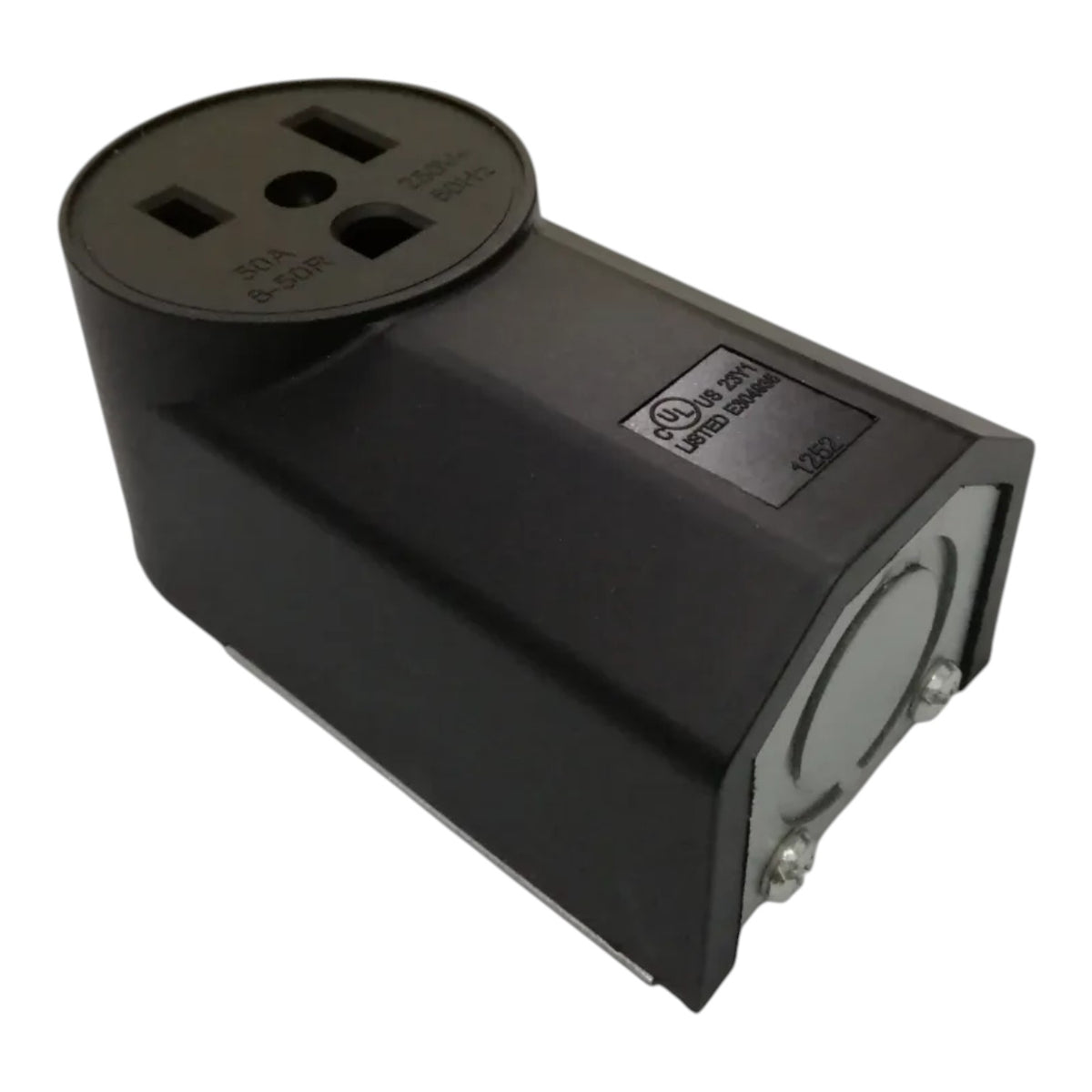 A black 30A 120V US to UK 3-pin wall plug adapter with a UL Listed label, shown on a plain white background.