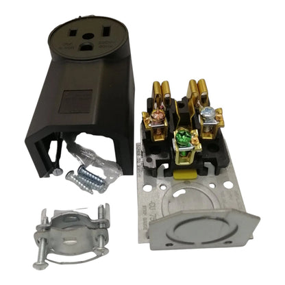 An electrical outlet replacement kit with a black plastic outlet cover, gold and silver metal terminal components, a silver metal clamp, and mounting screws, shown on a white background.