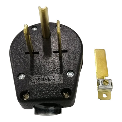 A black textured 3-pin electrical plug with brass-colored pins, shown alongside a matching brass and silver metal terminal piece on a plain white background.