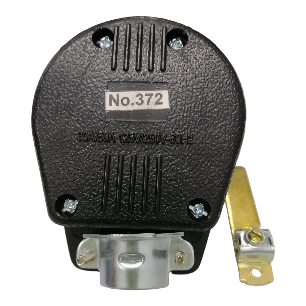 A black textured electrical component with a silver metal terminal and a small gold-colored bracket, shown on a plain white background.