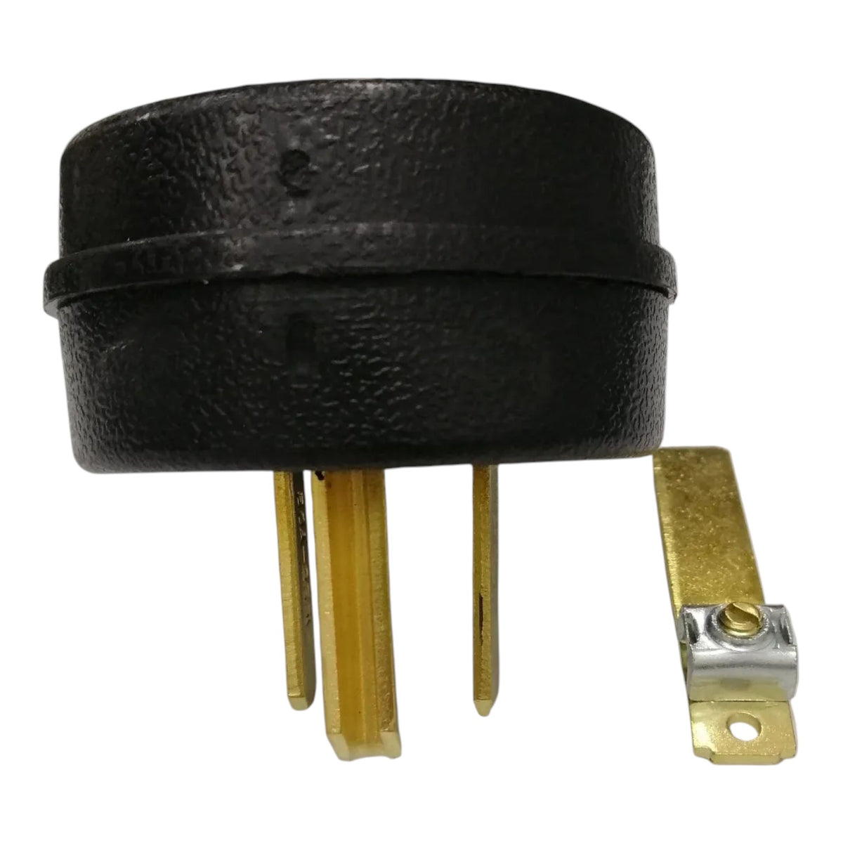A black cylindrical automotive or marine component with three gold metal pins and a separate brass and silver metal mounting tab, shown on a plain white background.