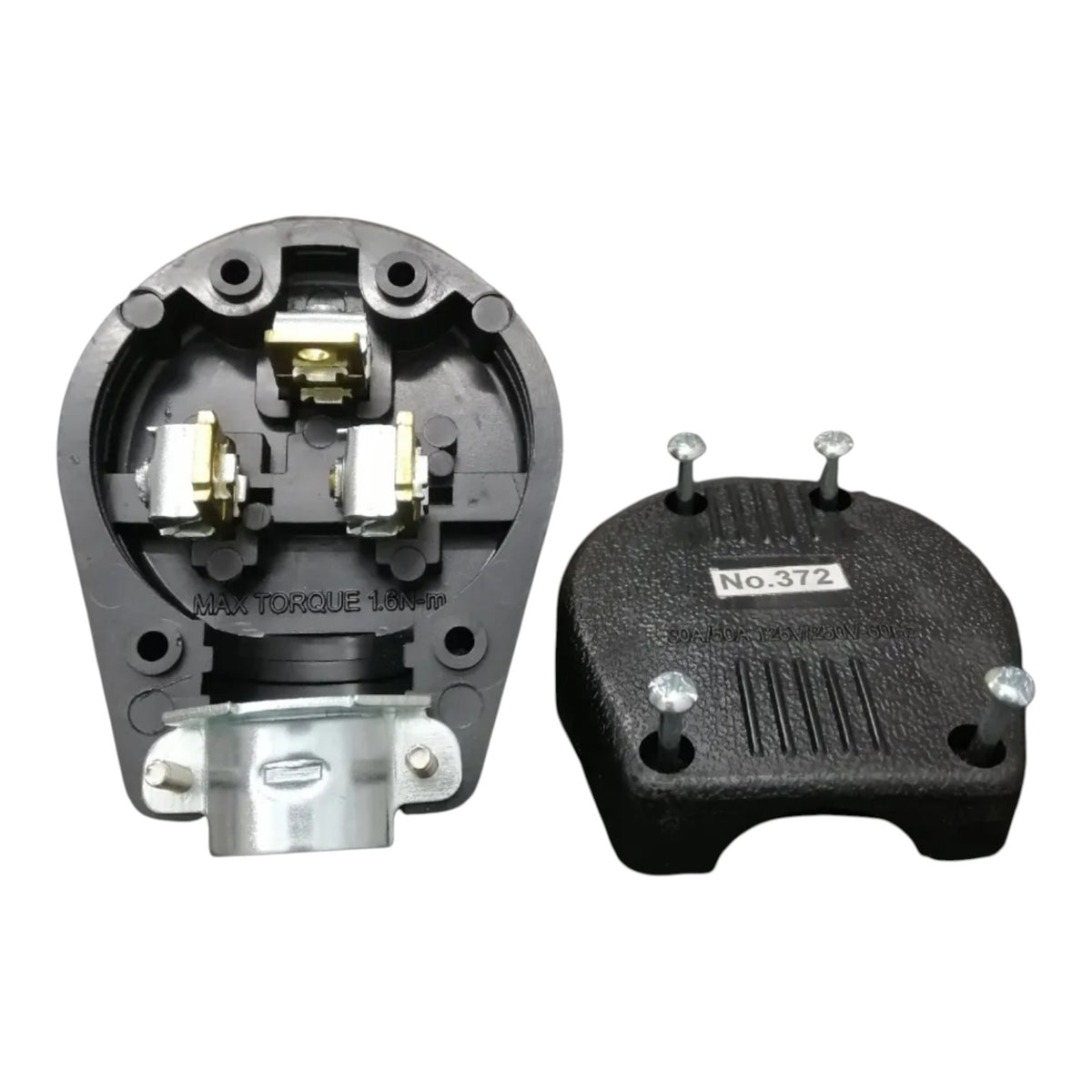 A black molded electrical plug housing or connector component shown from two angles on a plain white background. One view shows the interior terminals and metal contact points, and the other shows the exterior with mounting holes and a small label reading No.