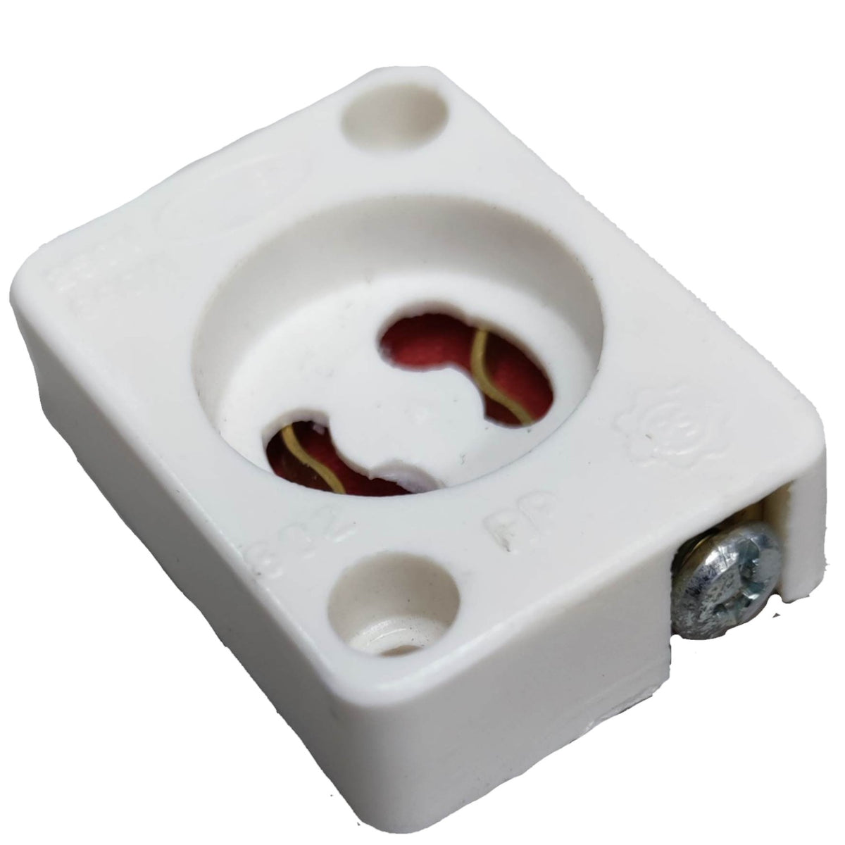 White plastic electrical terminal block with screw terminals and internal red and gold wire leads, shown on a white background.