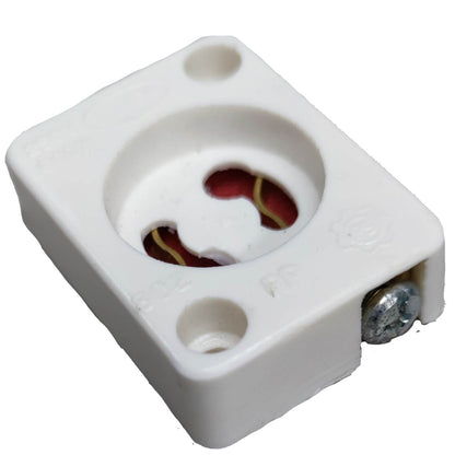 White plastic electrical terminal block with screw terminals and internal red and gold wire leads, shown on a white background.