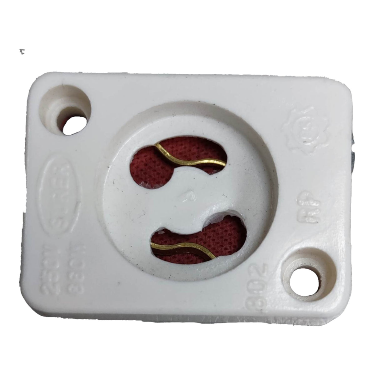 A white plastic 3-pin electrical outlet socket with red mesh internal contacts and gold-colored metal pins, shown on a plain white background.