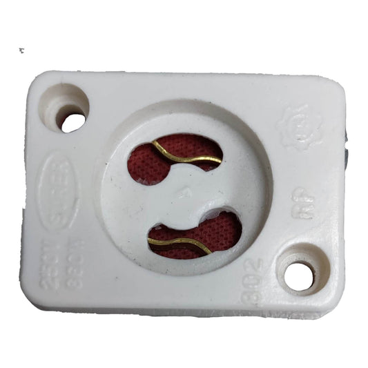 A white plastic 3-pin electrical outlet socket with red mesh internal contacts and gold-colored metal pins, shown on a plain white background.
