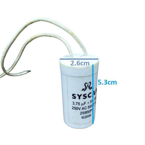 Syscap 250V AC motor start capacitor with 3.75 µF rating for electrical circuit applications