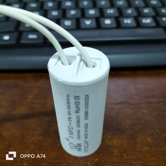 Syscap High Quality 5 MFD 250V Capacitor with two white wires for electrical circuitry and parts
