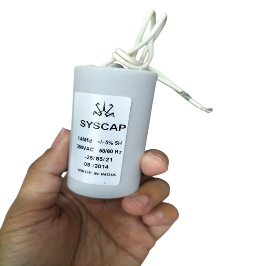 Syscap Motor Running Capacitor 14MFD 350V held in hand with white wires attached