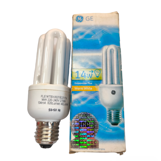 GE 14W CFL Warm White E27 220V compact fluorescent bulb with packaging showing bulb image