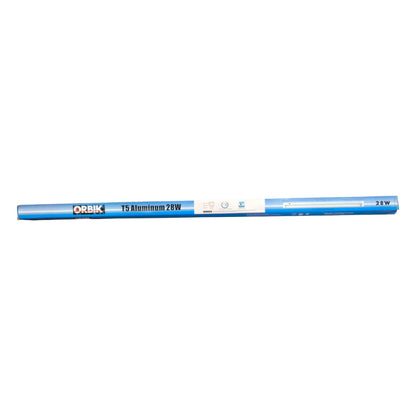Orbik T5 Aluminum 28W fluorescent light bulb on a white background