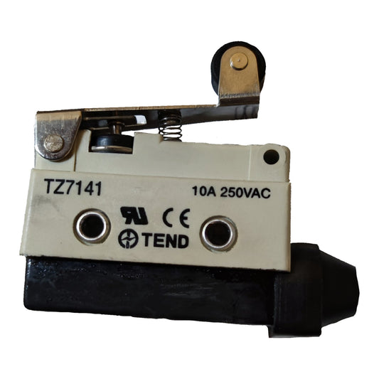 A TEND electrical contact switch model TZ7141, featuring a beige metal housing with black printed text and certification logos, a silver lever arm with a brass roller, and a black plastic base, shown on a white background.