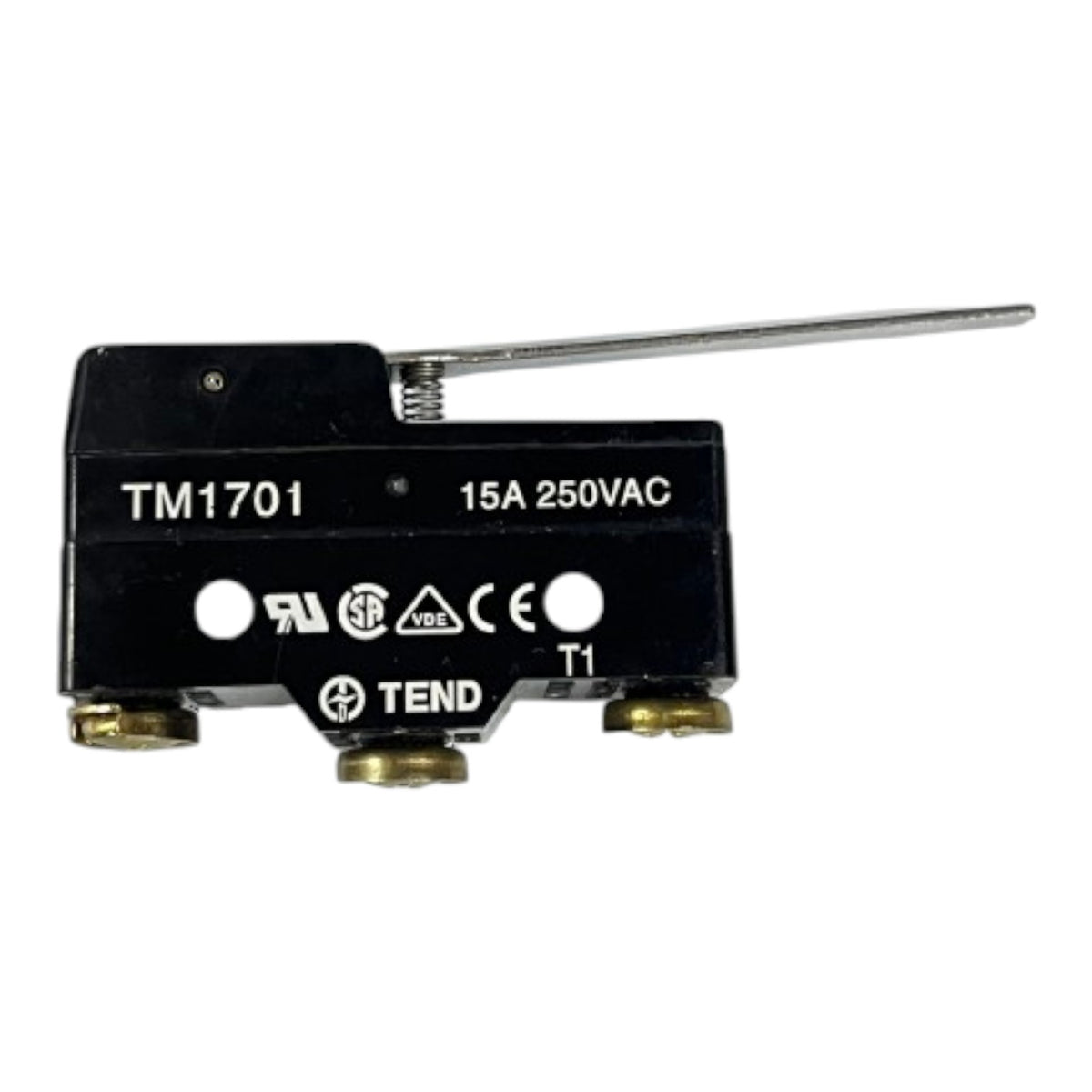 A black electrical contact relay with a long silver metal lever, featuring printed specifications 'TM1701', '15A 250VAC', and the brand 'TEND' on a white background.