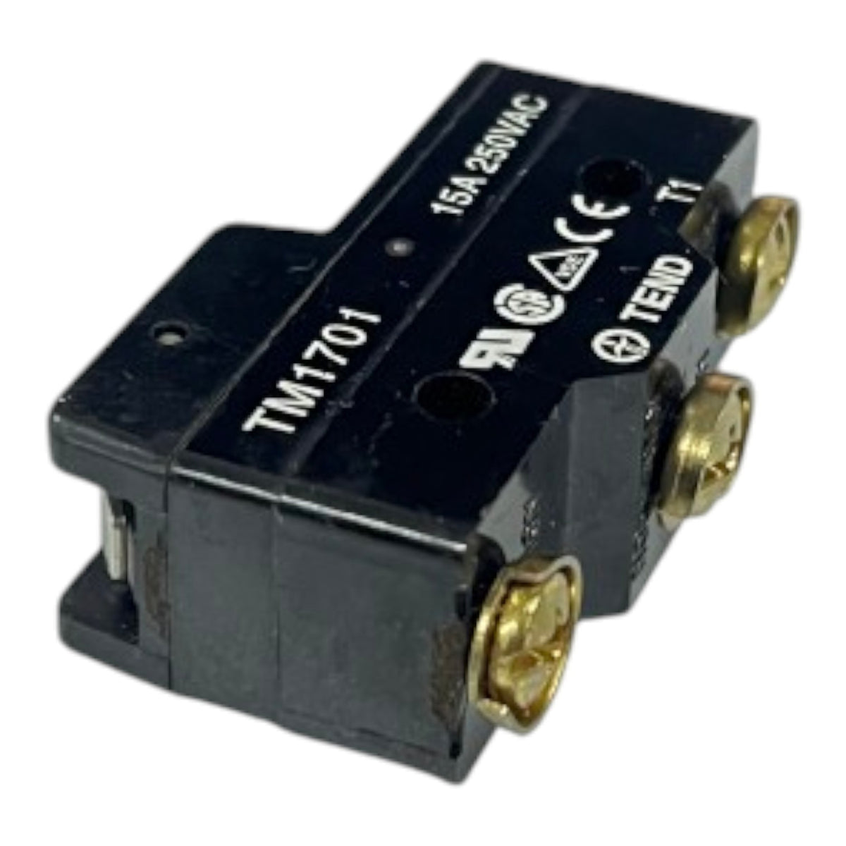 A small black electrical relay component with gold screw terminals and white printed text including 'TM1701', '15A 250VAC', and 'TEND' on a plain white background.