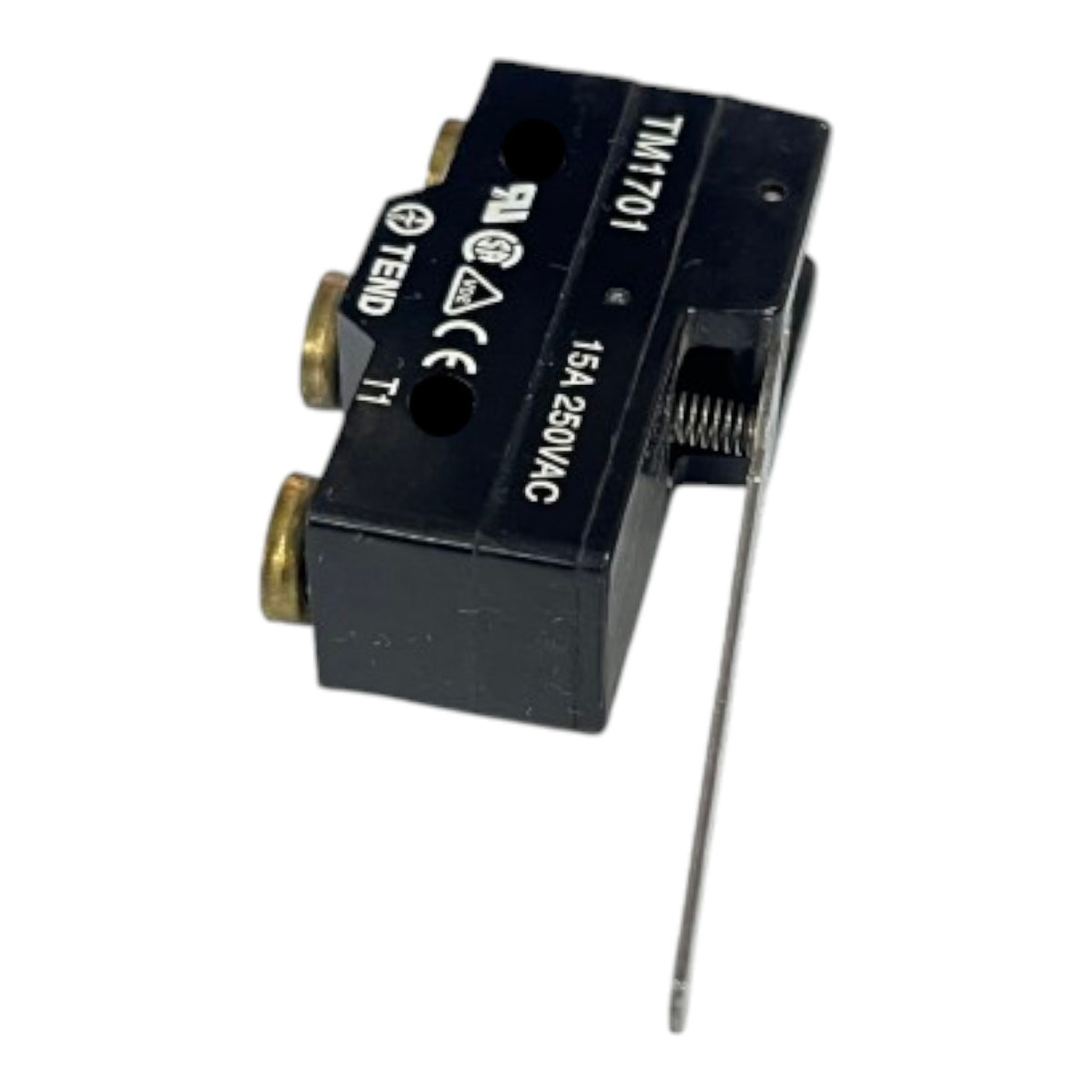 A small black electrical relay component with brass screw terminals, white printed markings including 'TM1701', '15A 250VAC', and 'TEND', shown on a plain white background.