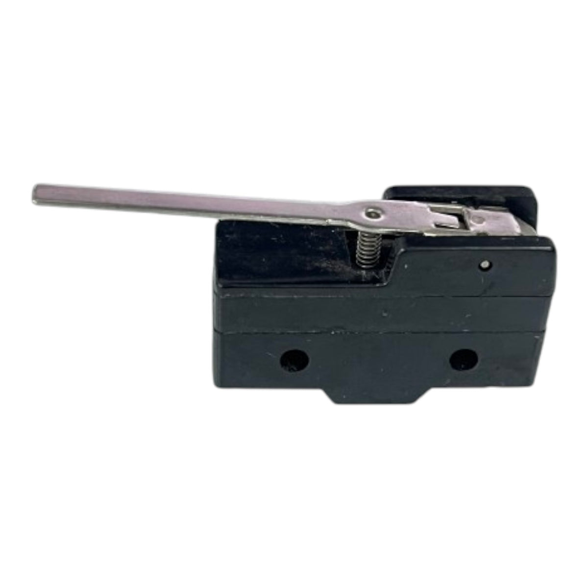 A black plastic and metal latch switch component with a long silver lever, photographed on a plain white background.