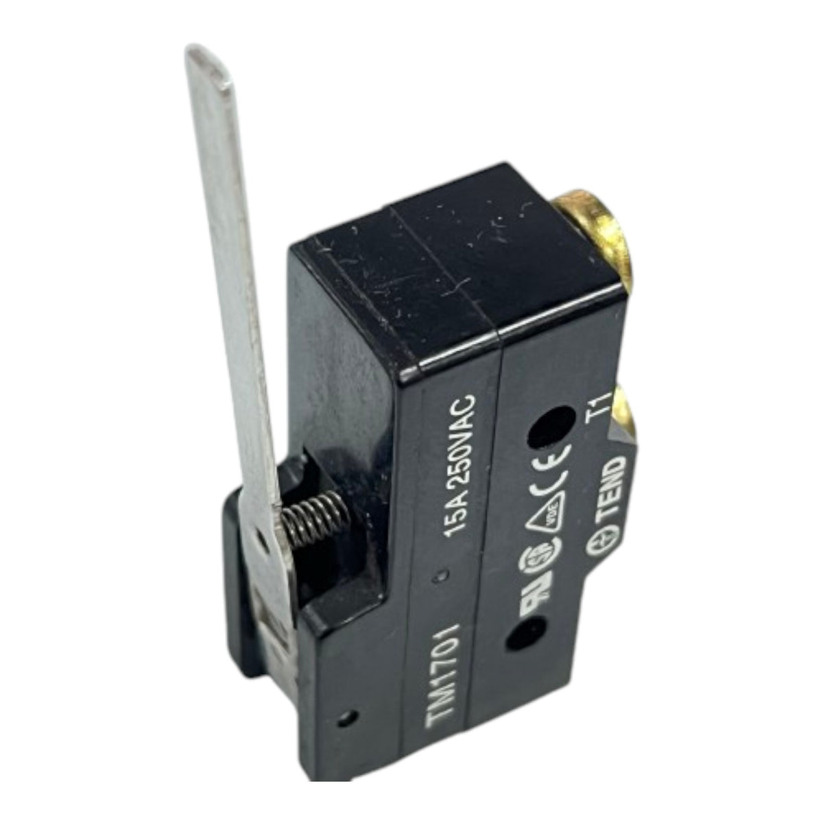 A small black electrical switch component with a silver lever, white printed text including '15A 250VAC' and 'TEND', and a gold-toned terminal, shown on a plain white background.