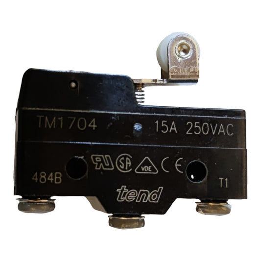 A black industrial electrical contactor or relay component with printed text including 'TM1704', '15A 250VAC', and the brand name 'tend' on the side, shown against a plain white background.