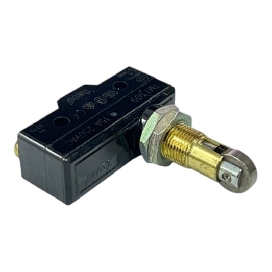 A small black electrical solenoid valve or pump component with a brass threaded post, hex nut, and metal end cap, photographed on a plain white background.
