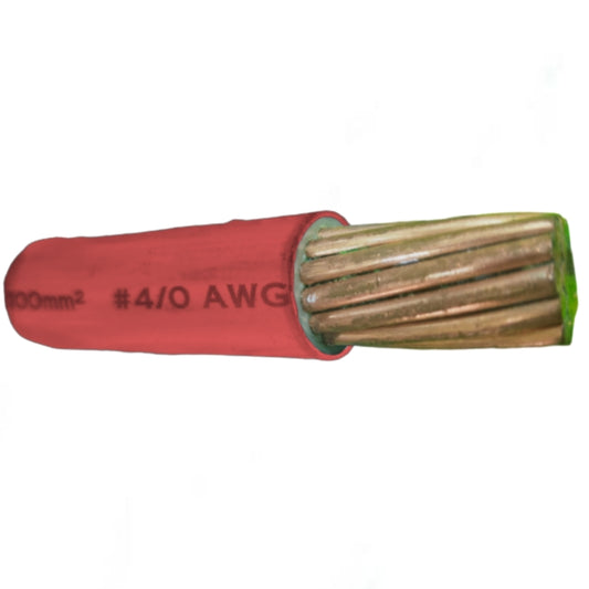 Wire with red insulation and bare copper core on a white background