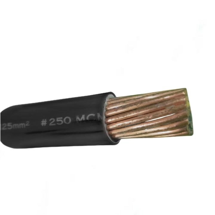 Cable with black sheath and copper core on a white background