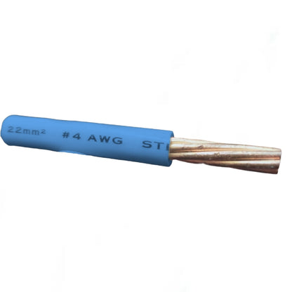 Wire with blue insulation and visible specifications on a white background