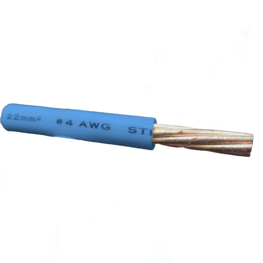 Wire with blue insulation and visible specifications on a white background