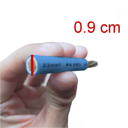 Hand holding a blue cable with specifications, labeled '0.9 cm'.