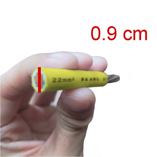 Hand holding a yellow electrical cable with specifications, showing a close-up of the cable's diameter.