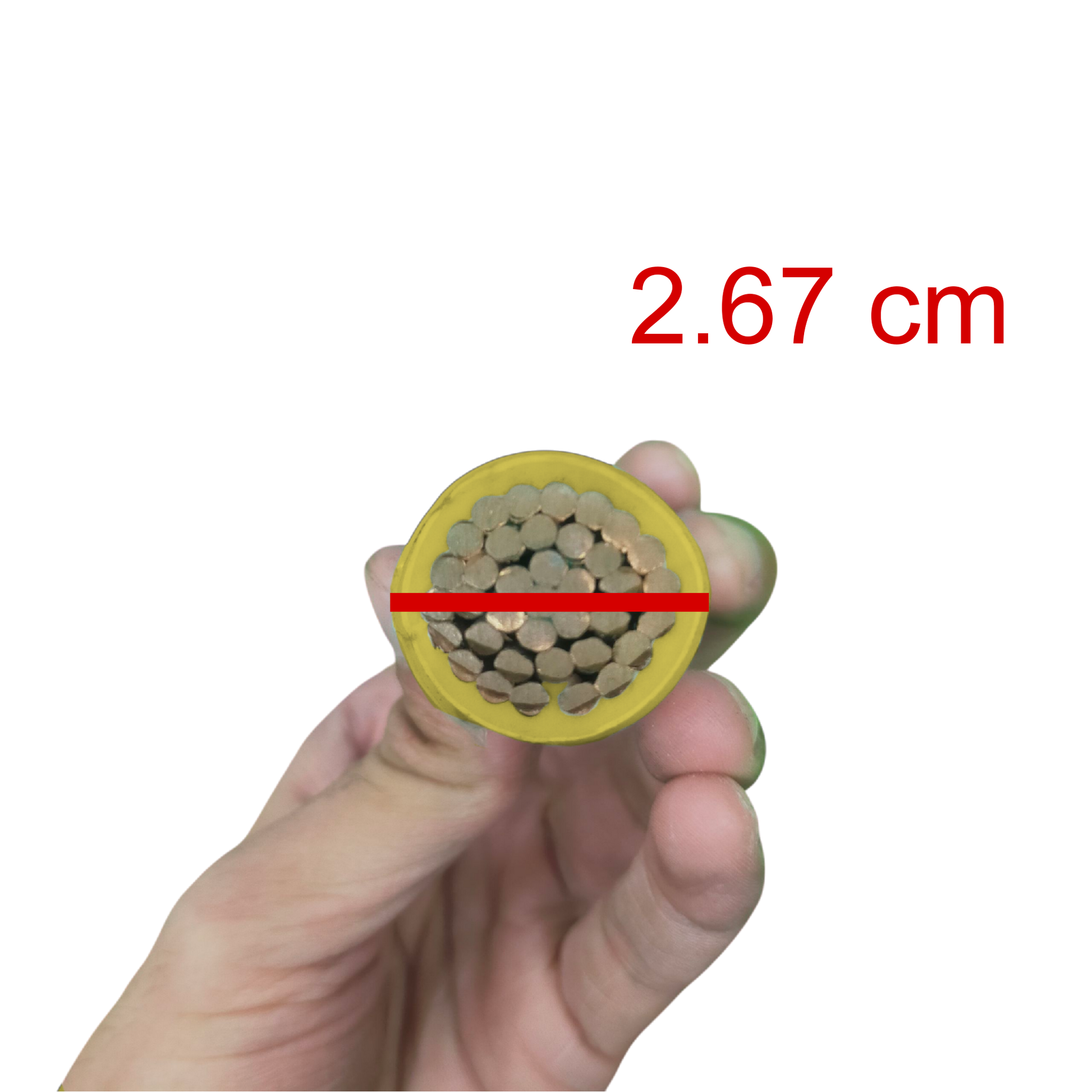 Hand holding a cylindrical object with a cross-section showing copper wires, labeled with '2.67 cm'.