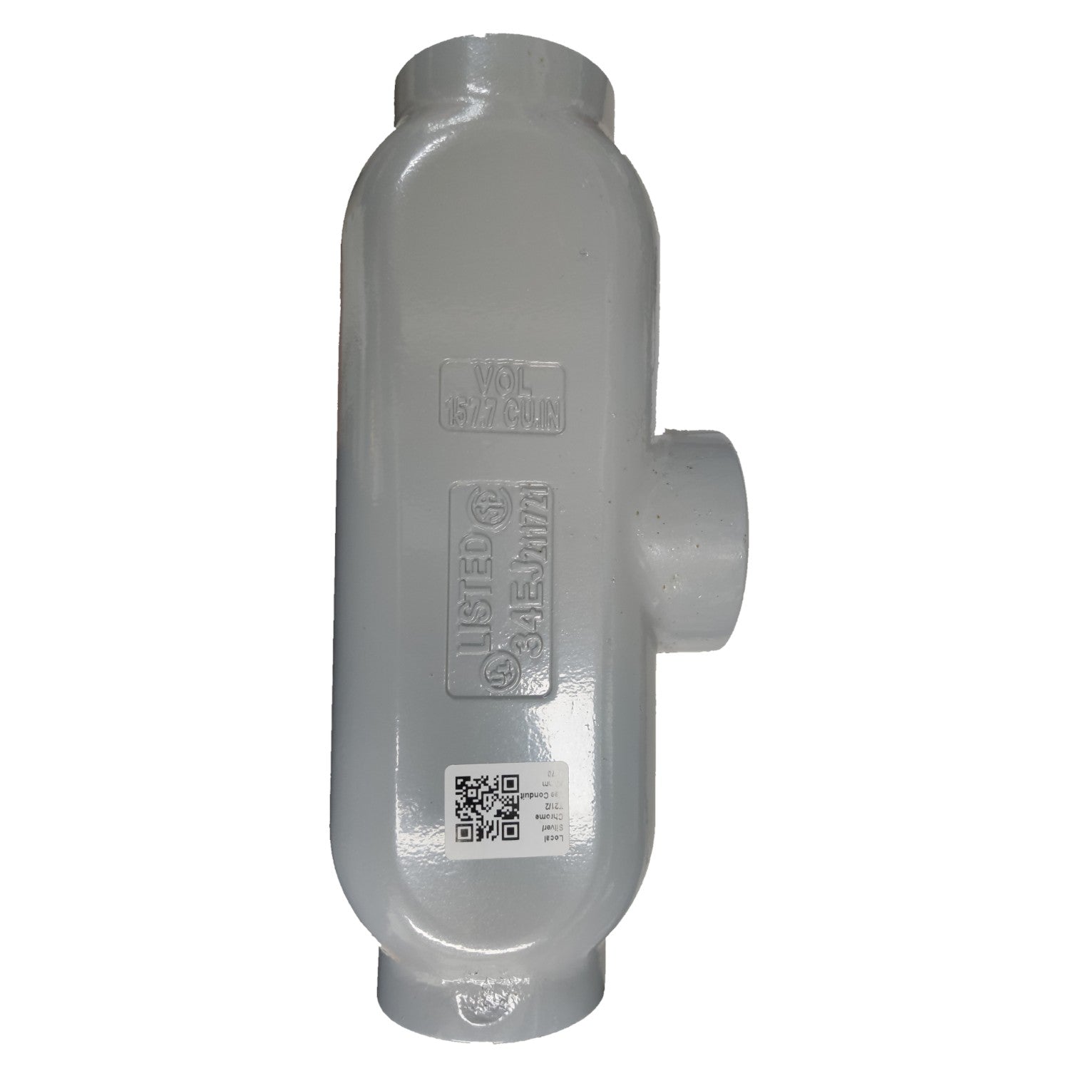 Gray plastic plumbing fitting with branding on a white background