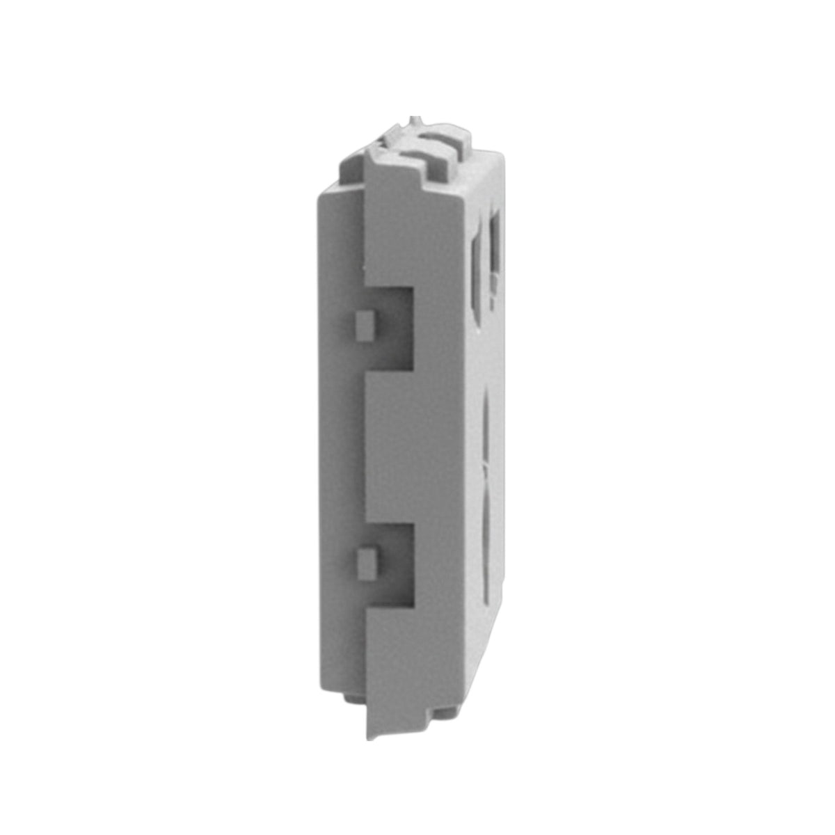 A gray plastic electrical terminal block connector shown from a side profile view on a solid white background.