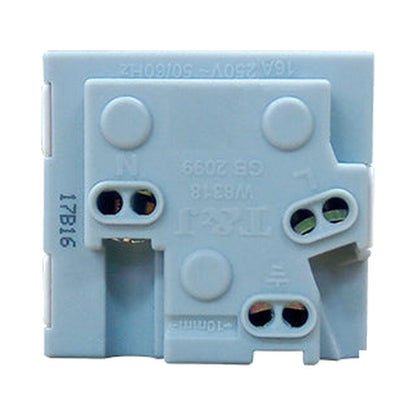 A light blue plastic electrical terminal block connector with screw terminals and printed markings, shown on a plain white background.