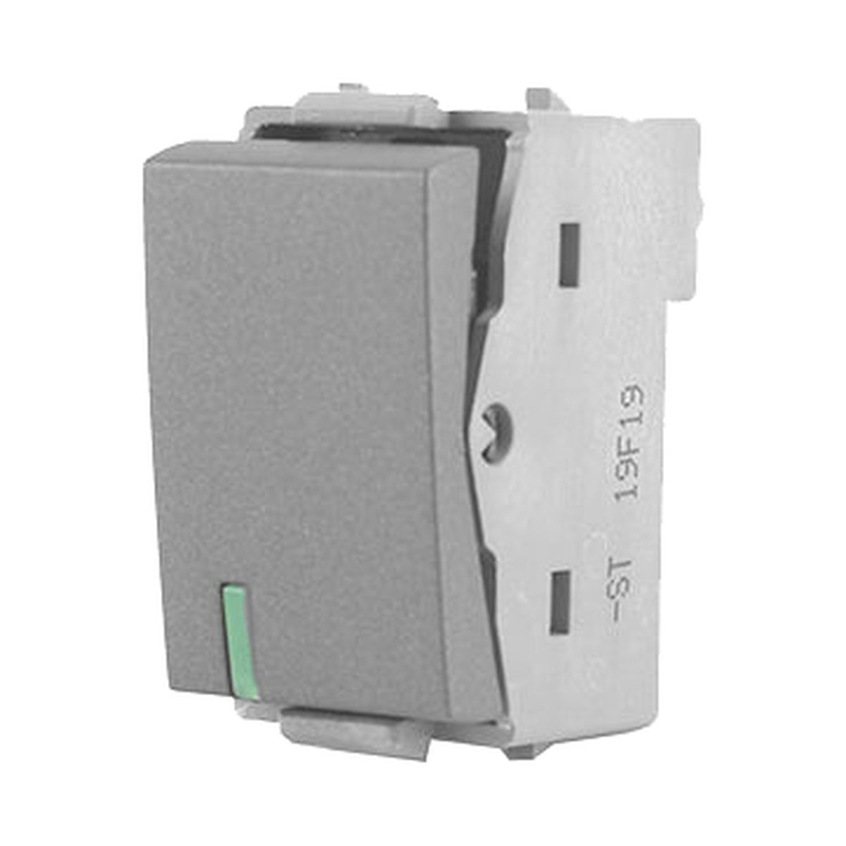 A gray plastic electrical terminal block or connector component with molded side details and printed text '19F19 -ST' on a plain white background.