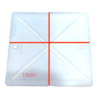 A square white plastic panel with a raised cross-shaped ridge pattern and two small circular holes near the corners, shown on a white background with red measurement lines and the text '10cm' indicating dimensions.