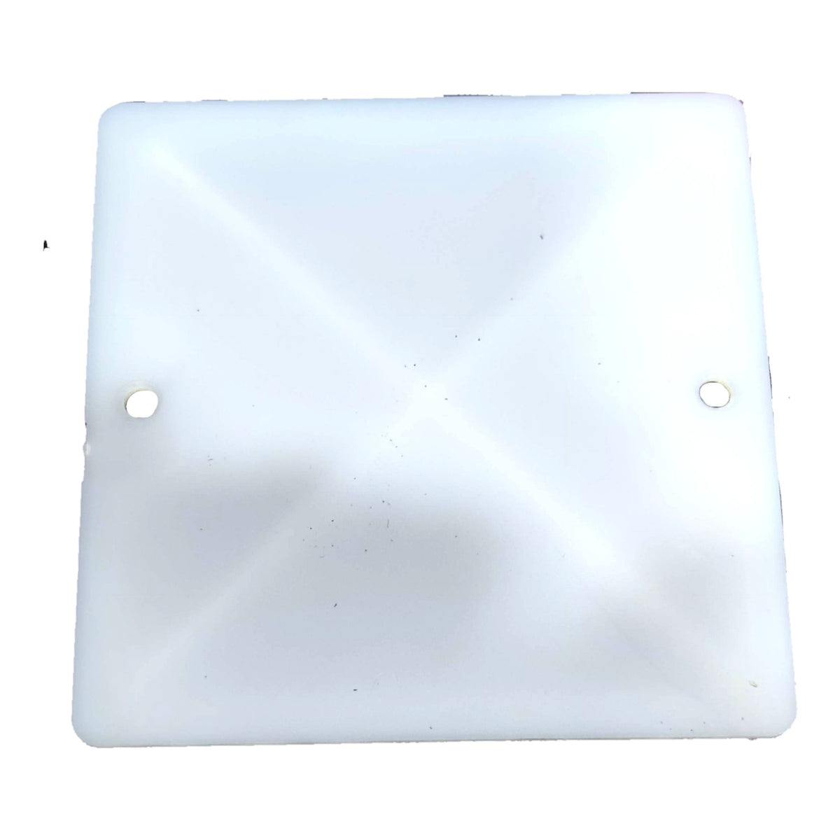 A square translucent white plastic cover or cap with two small circular holes, shown against a plain white background.