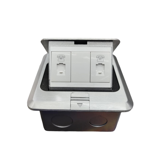 T&J Floor Outlet Pop-up 2 Gang TEL Outlet with stainless steel cover and dual telephone ports