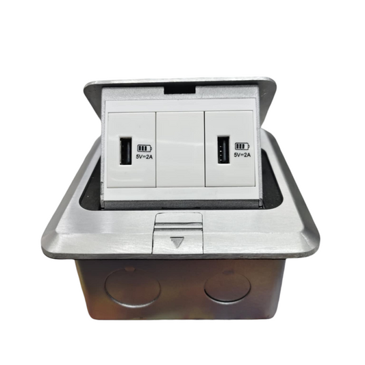 T&J Floor Outlet Pop-up 2 Gang USB Outlet with stainless steel frame and dual USB ports