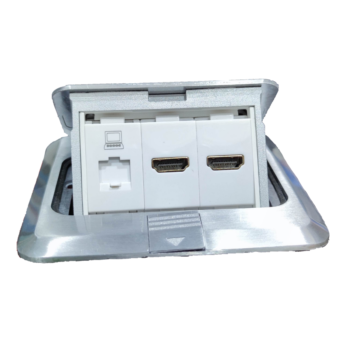 T and J floor outlet with two HDMI ports and RJ45 data jack Floor Outlet HDMI, HDMI, DATA for AV installations