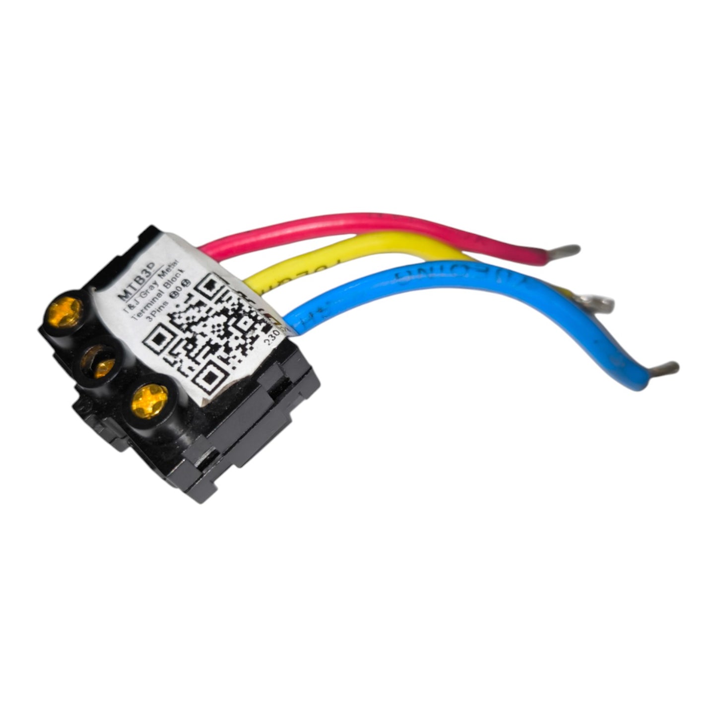 A small black electrical relay or terminal block with three colored wires extending from it: pink, yellow, and blue. A white label with a QR code and printed text is attached on top, and the component is photographed on a plain white background.