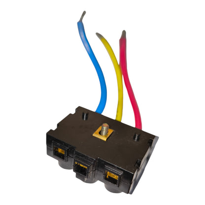 A black plastic electrical terminal block with three colorful wires (blue, yellow, and red) attached, set against a plain white background.