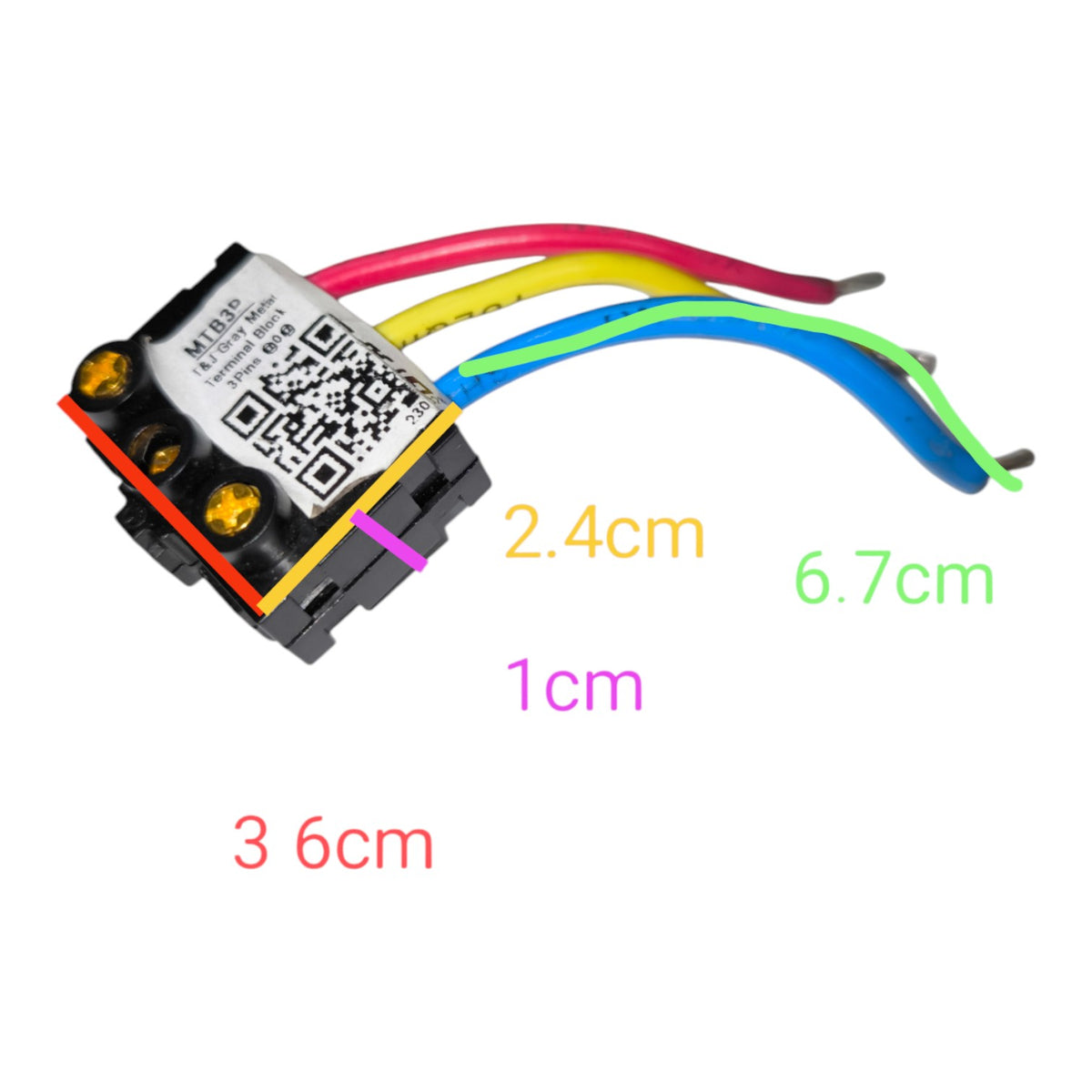 A small electronic connector or relay component with multicolored wires, shown on a white background with overlaid dimension labels: 2.4cm, 1cm, 6.