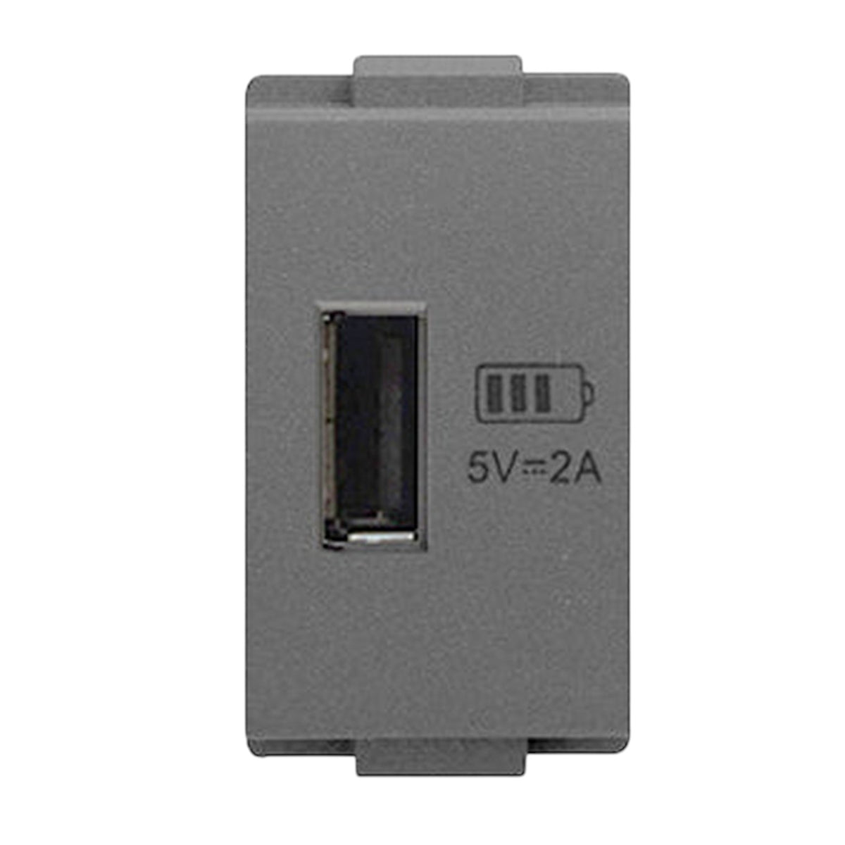 A gray rectangular USB-C port adapter with a USB-C connector, featuring a printed battery icon and '5V=2A' text on the front, set against a plain white background.