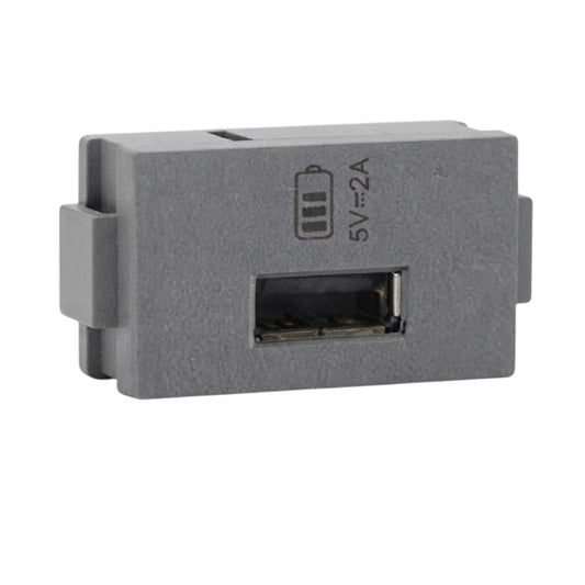 A gray USB-C to USB-A adapter plug with a 5V 2A battery symbol printed on the top surface, shown against a plain white background.