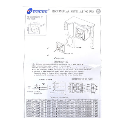 A technical instruction sheet for a rectangular ventilating fan, showing dimension diagrams, installation steps, wiring diagram, part identification, and a technical parameter table on a white background.