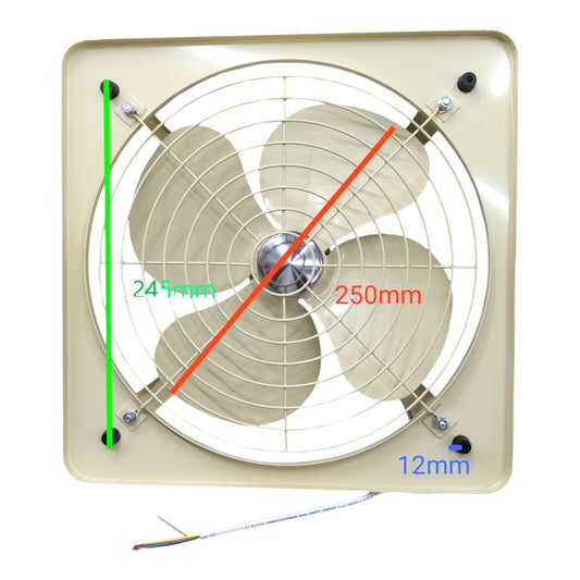 A square wall-mounted exhaust fan with a beige frame and metal grille, shown on a white background with overlaid dimension labels: 245mm height, 250mm diameter, and 12mm wire depth.