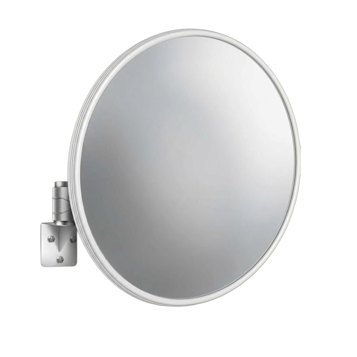 A round wall-mounted mirror with a silver metallic frame and adjustable mounting bracket, shown against a plain white background.