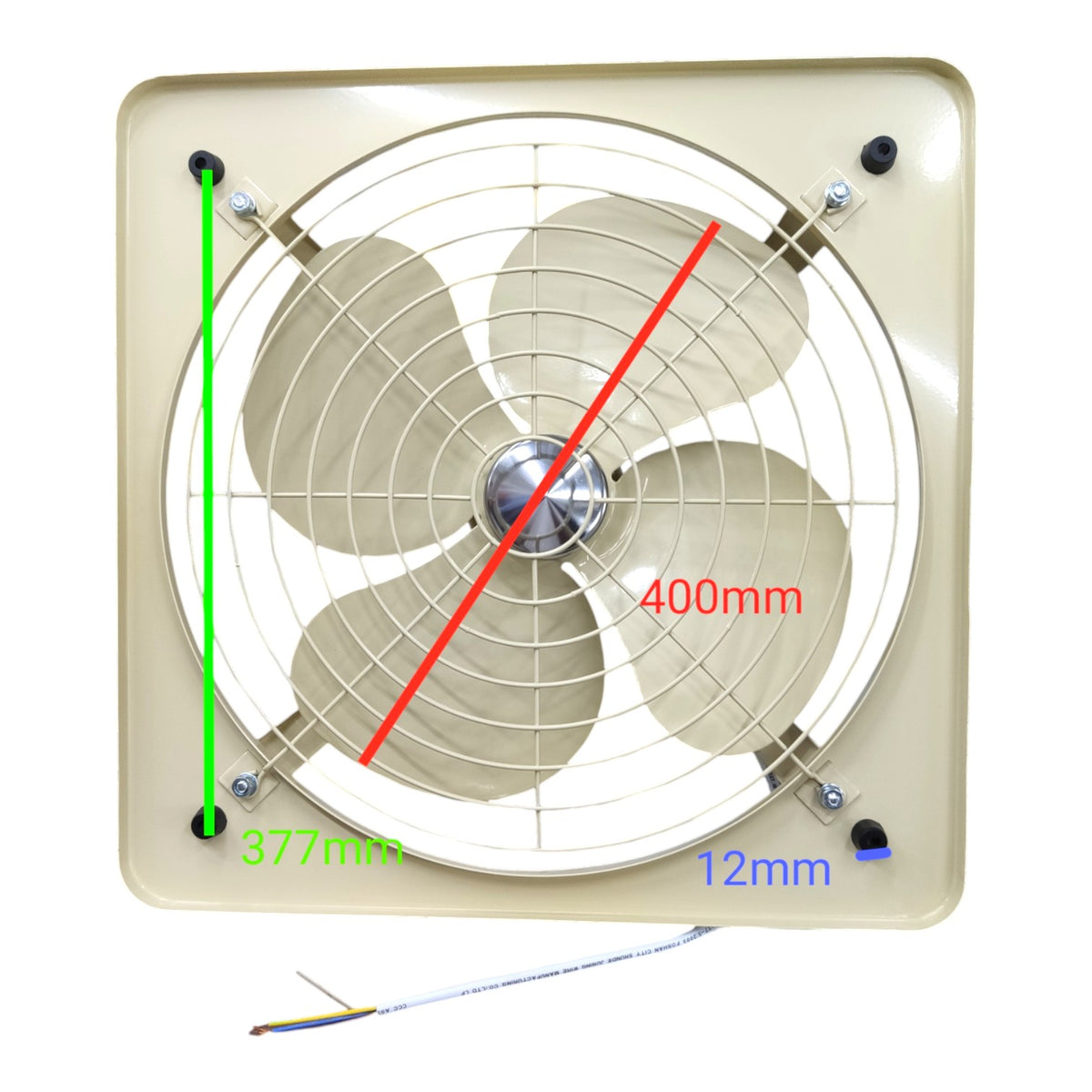 A square wall-mounted exhaust fan with a beige plastic housing and white fan blades behind a metal grille. Red, green, and blue measurement overlays indicate dimensions: 400mm across the fan, 377mm from the top-left mounting hole, and 12mm for the wire.